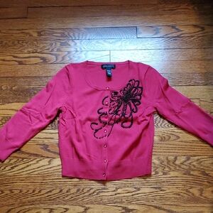 Cable & Gauge Red Cardigan with Black Beaded Detail